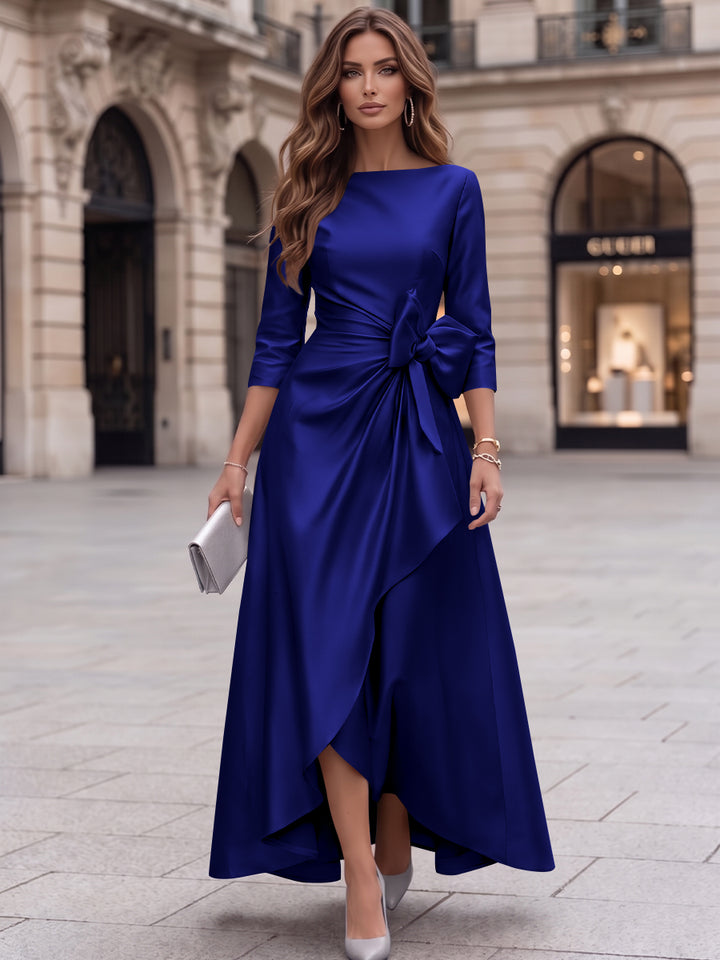 A-Line/Princess Boat Neck Satin Cocktail Dresses with Bowknot 3/4 Sleeves Asymmetrical Ankle-Length Party Dresses