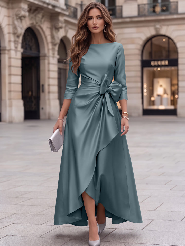 A-Line/Princess Boat Neck Satin Cocktail Dresses with Bowknot 3/4 Sleeves Asymmetrical Ankle-Length Party Dresses