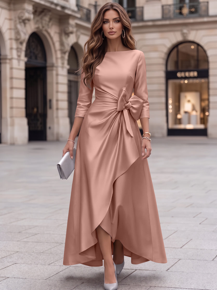 A-Line/Princess Boat Neck Satin Cocktail Dresses with Bowknot 3/4 Sleeves Asymmetrical Ankle-Length Party Dresses