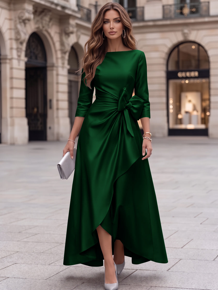 A-Line/Princess Boat Neck Satin Cocktail Dresses with Bowknot 3/4 Sleeves Asymmetrical Ankle-Length Party Dresses
