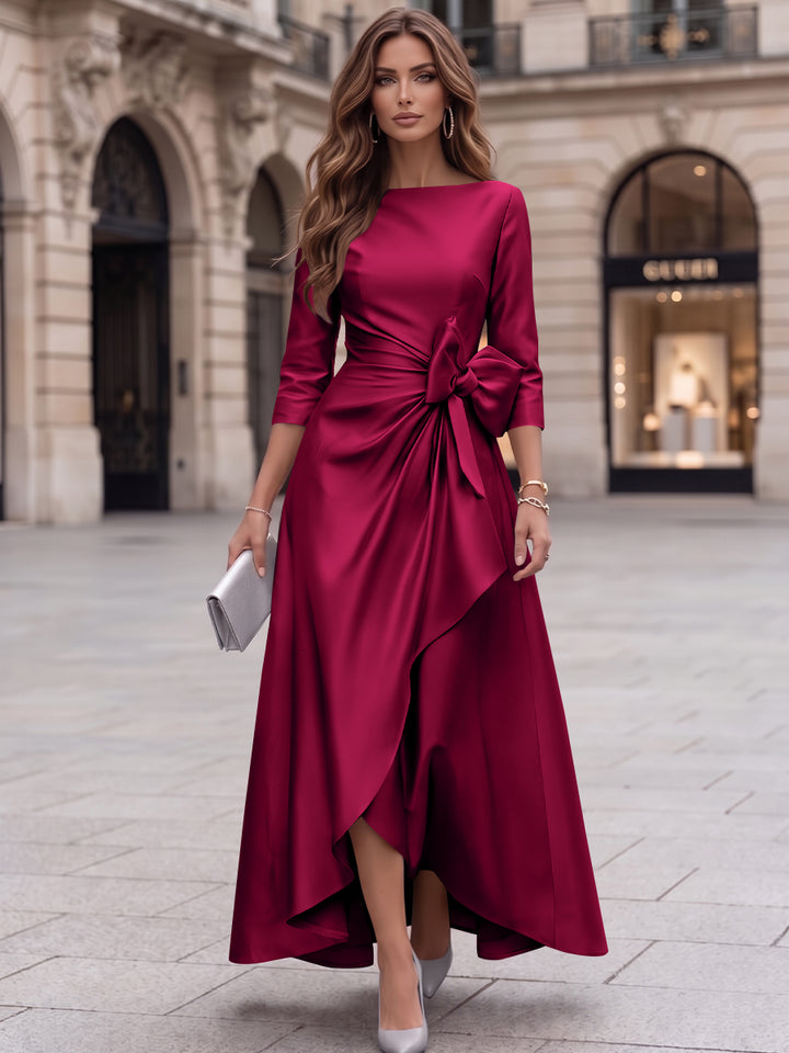 A-Line/Princess Boat Neck Satin Cocktail Dresses with Bowknot 3/4 Sleeves Asymmetrical Ankle-Length Party Dresses