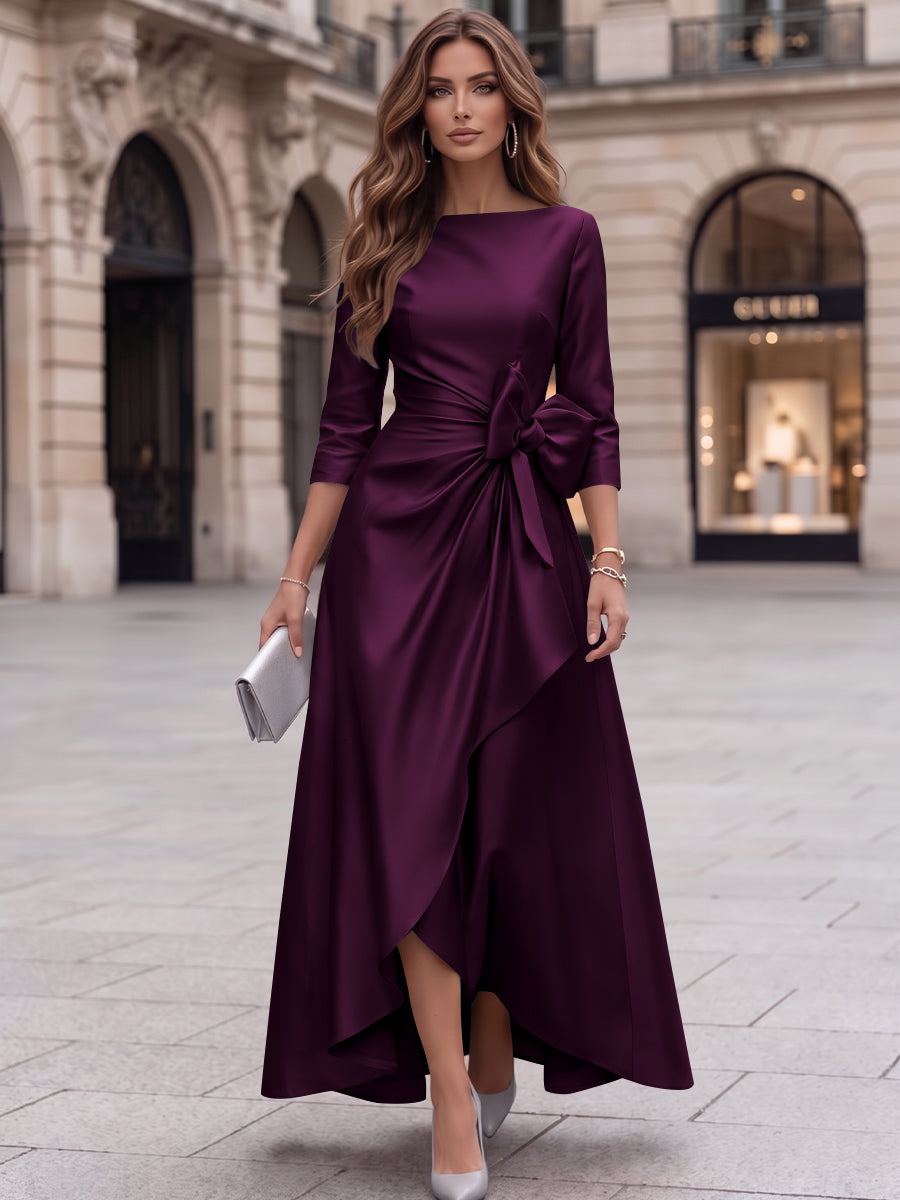 A-Line/Princess Boat Neck Satin Cocktail Dresses with Bowknot 3/4 Sleeves Asymmetrical Ankle-Length Party Dresses