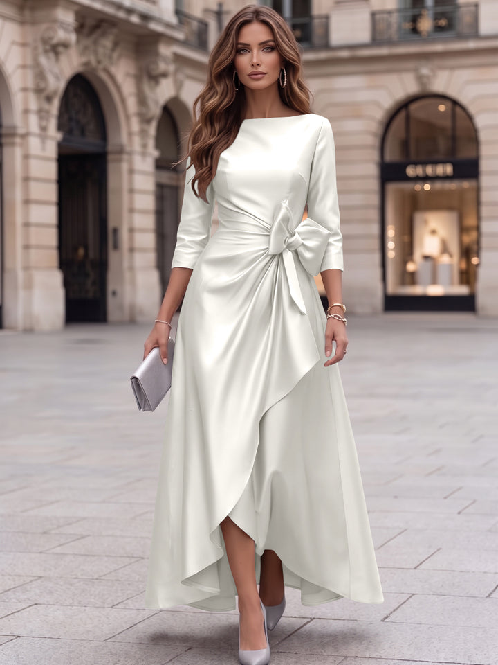 A-Line/Princess Boat Neck Satin Cocktail Dresses with Bowknot 3/4 Sleeves Asymmetrical Ankle-Length Party Dresses