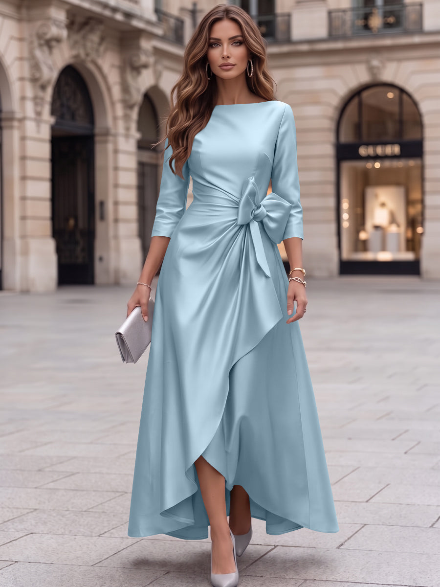 A-Line/Princess Boat Neck Satin Cocktail Dresses with Bowknot 3/4 Sleeves Asymmetrical Ankle-Length Party Dresses