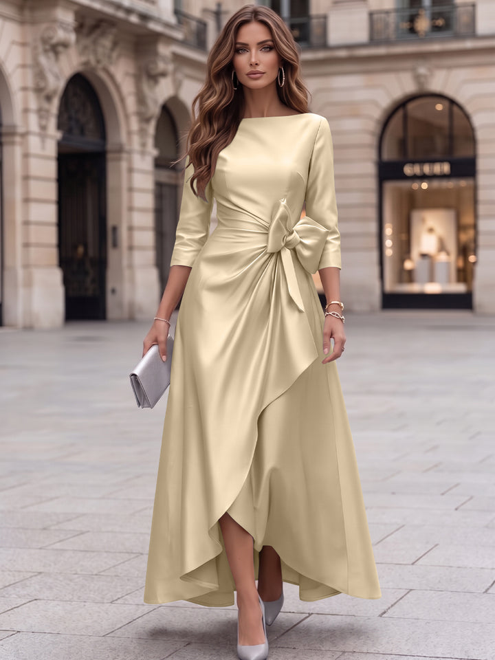 A-Line/Princess Boat Neck Satin Cocktail Dresses with Bowknot 3/4 Sleeves Asymmetrical Ankle-Length Party Dresses