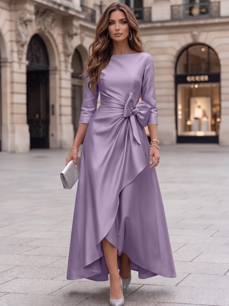 A-Line/Princess Boat Neck Satin Cocktail Dresses with Bowknot 3/4 Sleeves Asymmetrical Ankle-Length Party Dresses