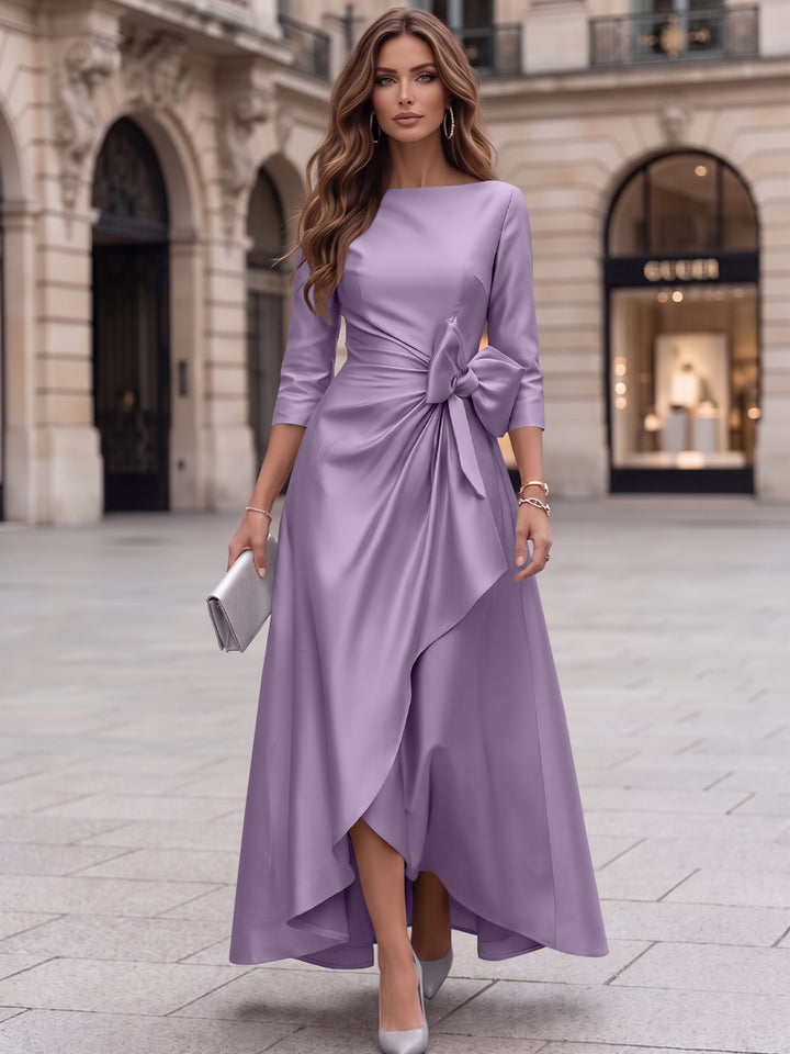 A-Line/Princess Boat Neck Satin Cocktail Dresses with Bowknot 3/4 Sleeves Asymmetrical Ankle-Length Party Dresses