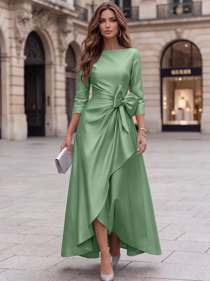 A-Line/Princess Boat Neck Satin Cocktail Dresses with Bowknot 3/4 Sleeves Asymmetrical Ankle-Length Party Dresses