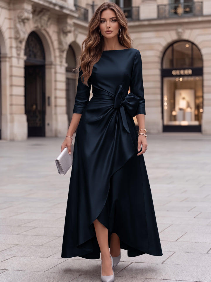 A-Line/Princess Boat Neck Satin Cocktail Dresses with Bowknot 3/4 Sleeves Asymmetrical Ankle-Length Party Dresses