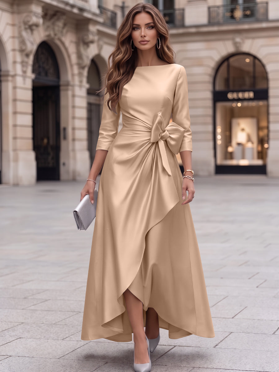 A-Line/Princess Boat Neck Satin Cocktail Dresses with Bowknot 3/4 Sleeves Asymmetrical Ankle-Length Party Dresses