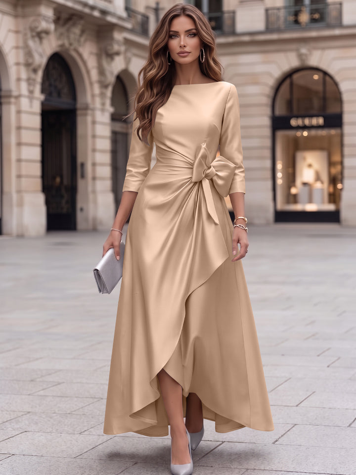 A-Line/Princess Boat Neck Satin Cocktail Dresses with Bowknot 3/4 Sleeves Asymmetrical Ankle-Length Party Dresses