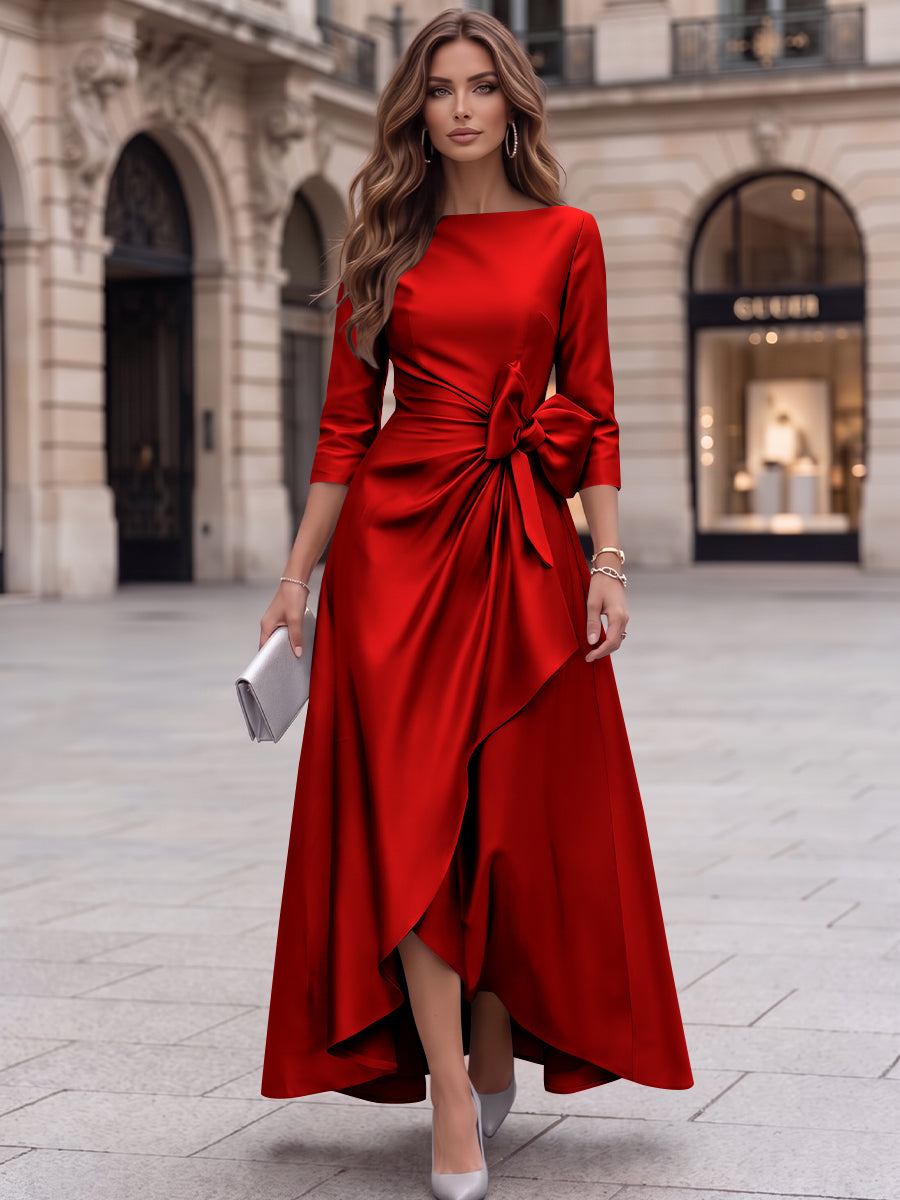 A-Line/Princess Boat Neck Satin Cocktail Dresses with Bowknot 3/4 Sleeves Asymmetrical Ankle-Length Party Dresses