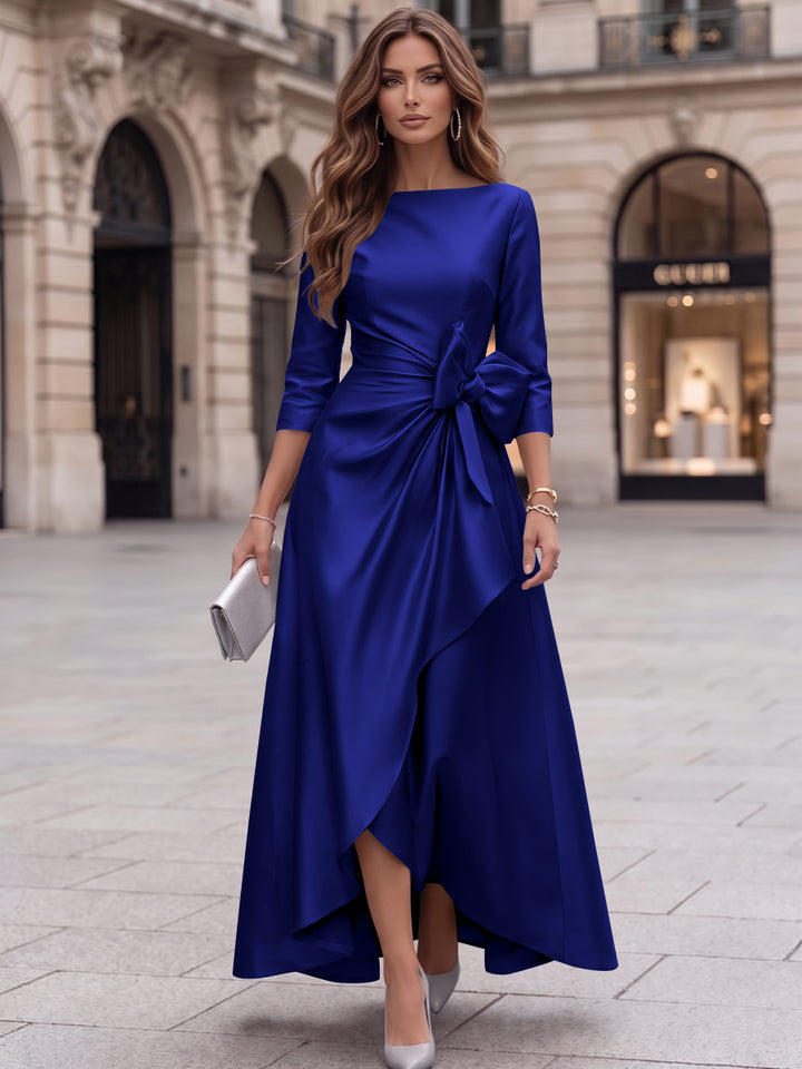 A-Line/Princess Boat Neck Satin Cocktail Dresses with Bowknot 3/4 Sleeves Asymmetrical Ankle-Length Party Dresses
