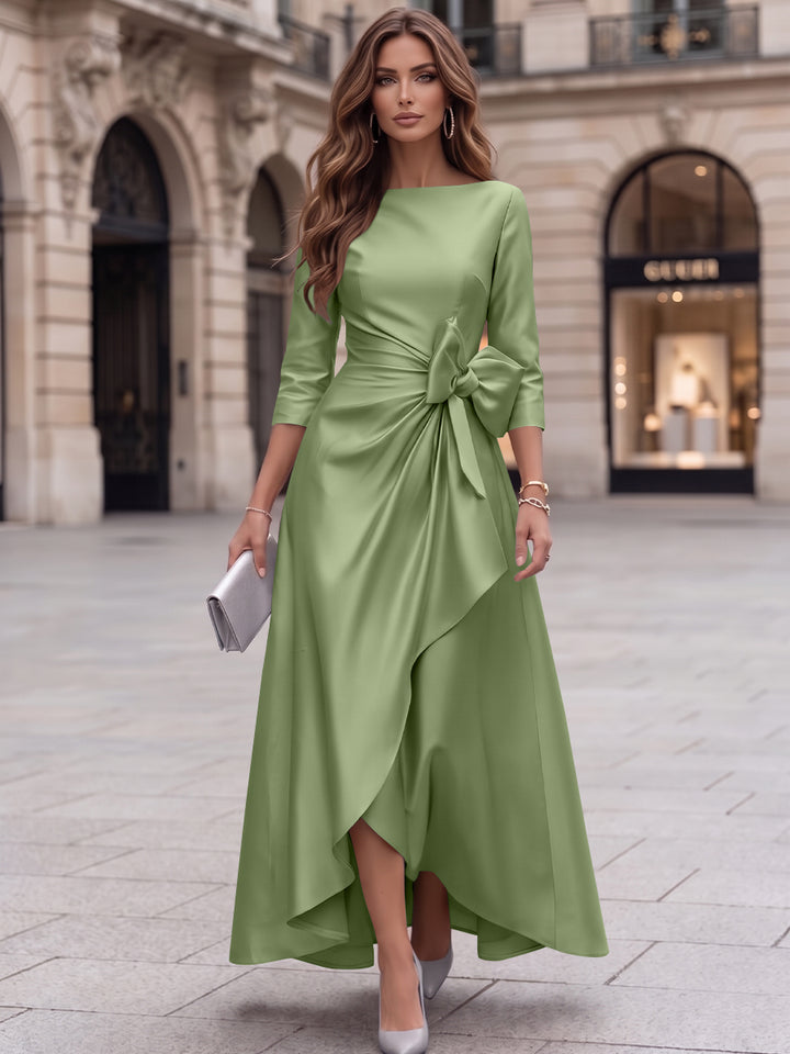 A-Line/Princess Boat Neck Satin Cocktail Dresses with Bowknot 3/4 Sleeves Asymmetrical Ankle-Length Party Dresses