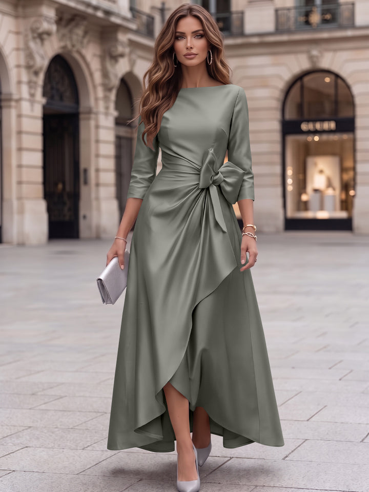 A-Line/Princess Boat Neck Satin Cocktail Dresses with Bowknot 3/4 Sleeves Asymmetrical Ankle-Length Party Dresses