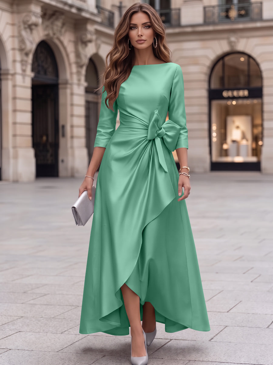 A-Line/Princess Boat Neck Satin Cocktail Dresses with Bowknot 3/4 Sleeves Asymmetrical Ankle-Length Party Dresses