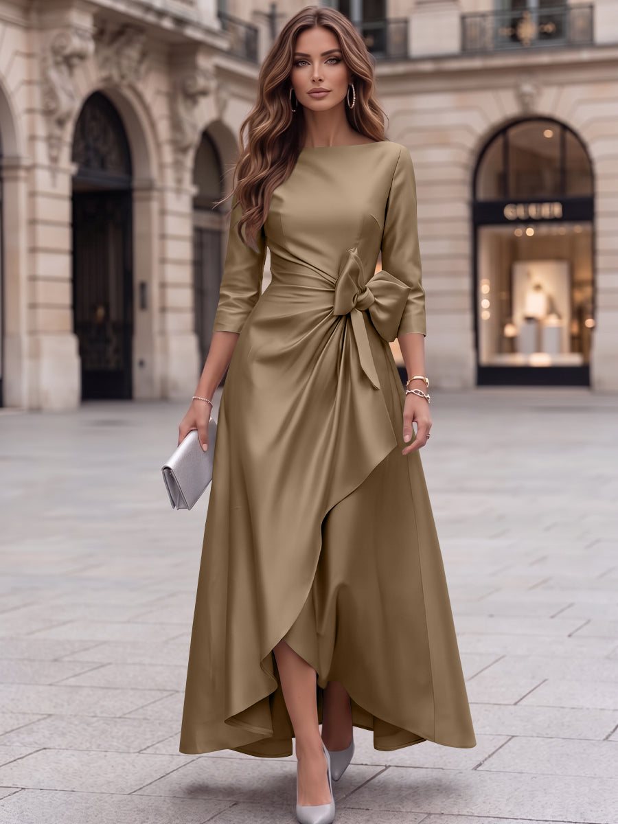 A-Line/Princess Boat Neck Satin Cocktail Dresses with Bowknot 3/4 Sleeves Asymmetrical Ankle-Length Party Dresses