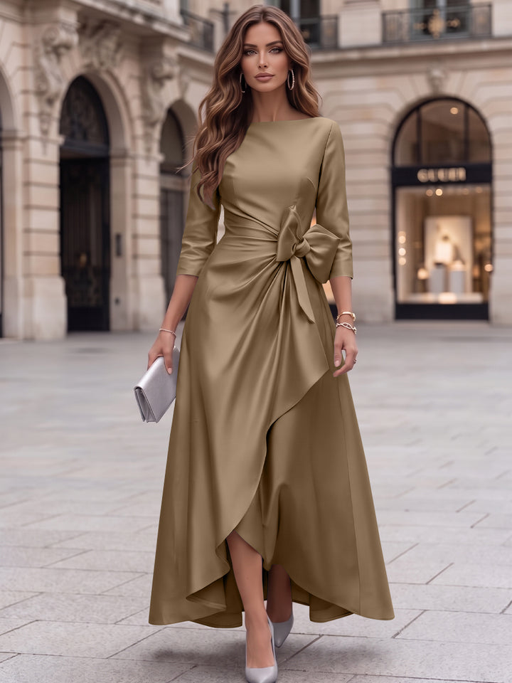A-Line/Princess Boat Neck Satin Cocktail Dresses with Bowknot 3/4 Sleeves Asymmetrical Ankle-Length Party Dresses