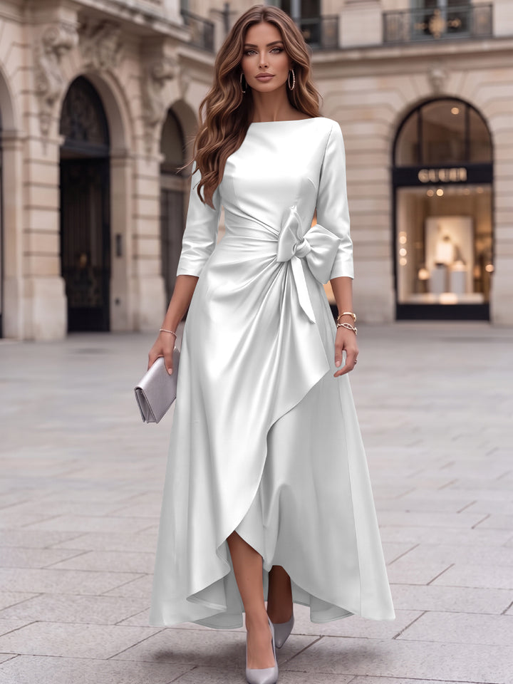A-Line/Princess Boat Neck Satin Cocktail Dresses with Bowknot 3/4 Sleeves Asymmetrical Ankle-Length Party Dresses