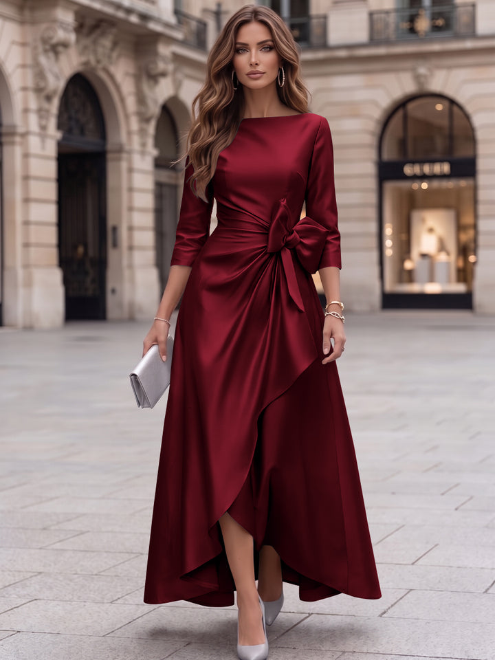 A-Line/Princess Boat Neck Satin Cocktail Dresses with Bowknot 3/4 Sleeves Asymmetrical Ankle-Length Party Dresses