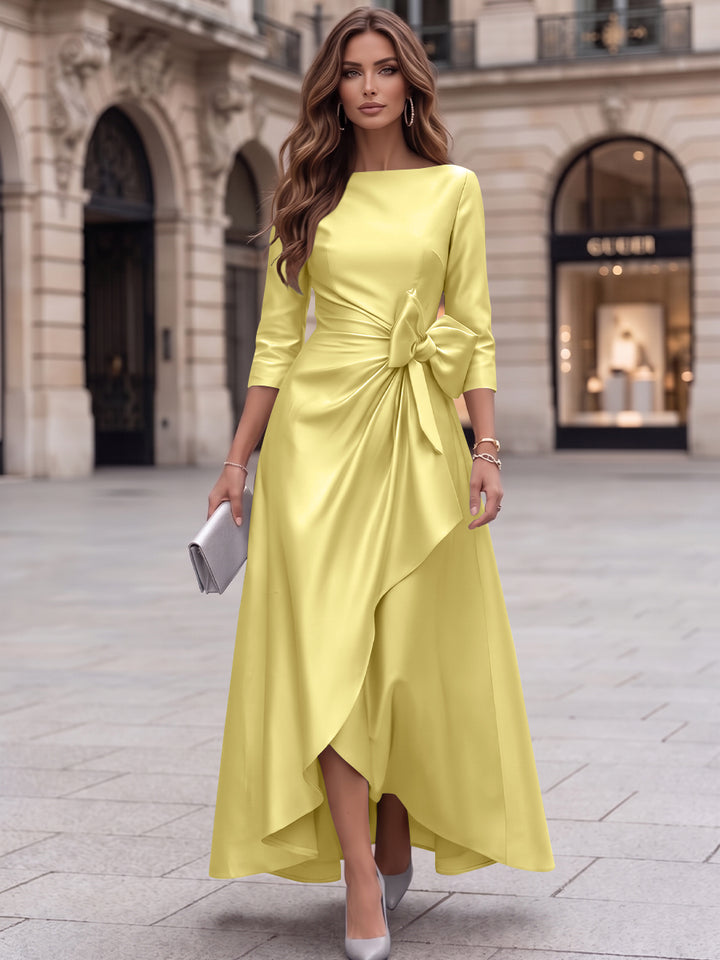 A-Line/Princess Boat Neck Satin Cocktail Dresses with Bowknot 3/4 Sleeves Asymmetrical Ankle-Length Party Dresses