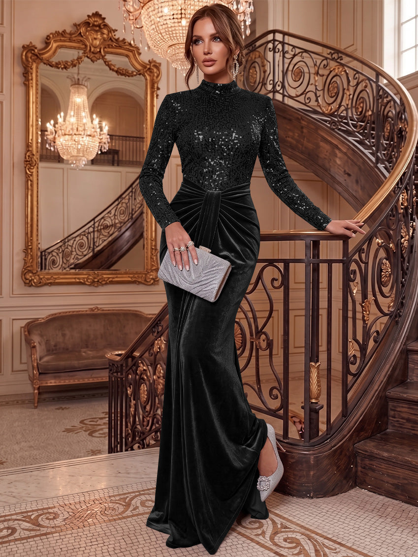 Sheath/Column Mock Neck Velvet Evening Dresses Floor-Length Long Sleeves Sequins Formal Dresses Ruched