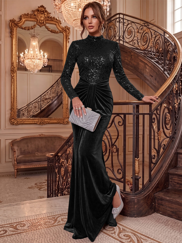 Sheath/Column Mock Neck Velvet Evening Dresses Floor-Length Long Sleeves Sequins Formal Dresses Ruched