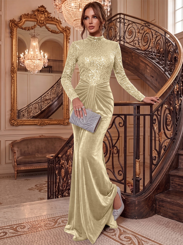 Sheath/Column Mock Neck Velvet Evening Dresses Floor-Length Long Sleeves Sequins Formal Dresses Ruched