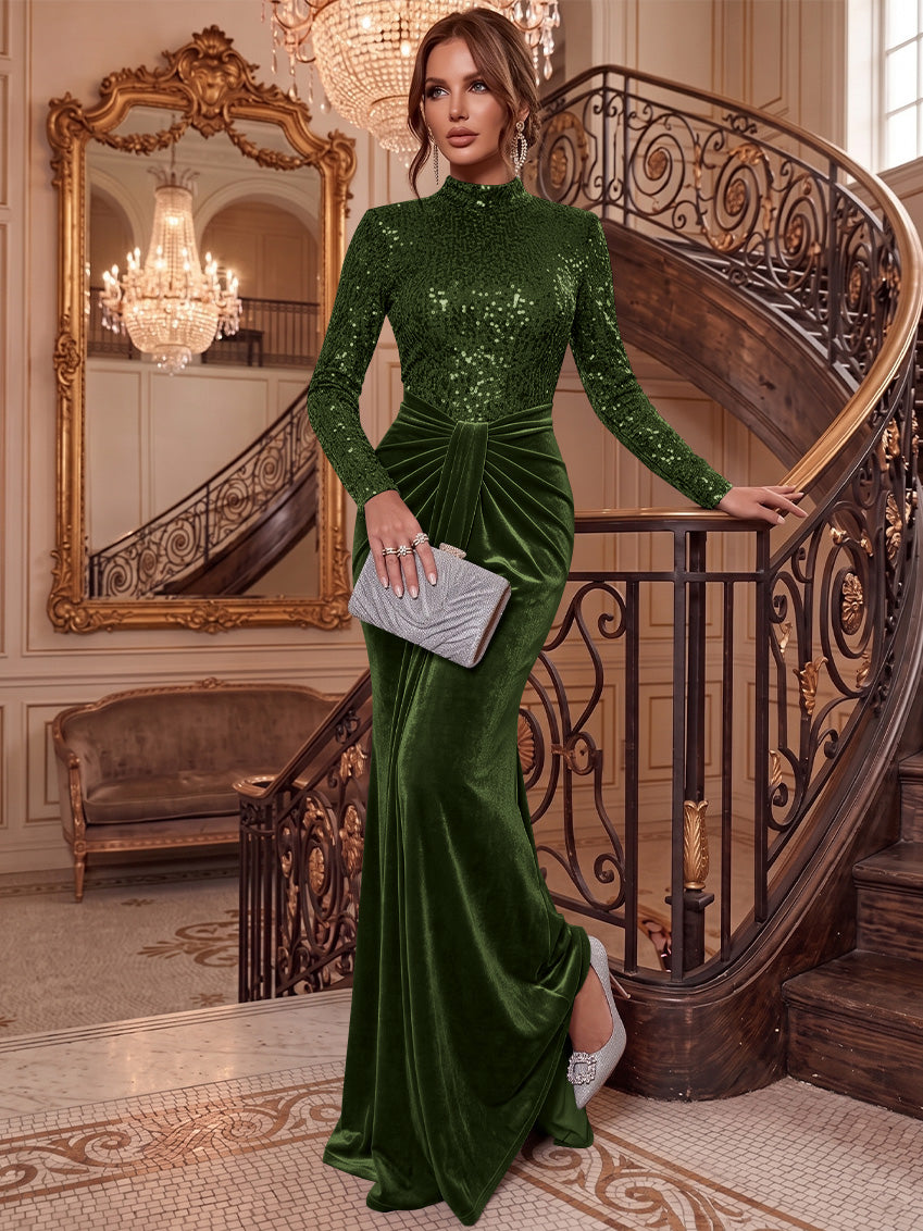 Sheath/Column Mock Neck Velvet Evening Dresses Floor-Length Long Sleeves Sequins Formal Dresses Ruched