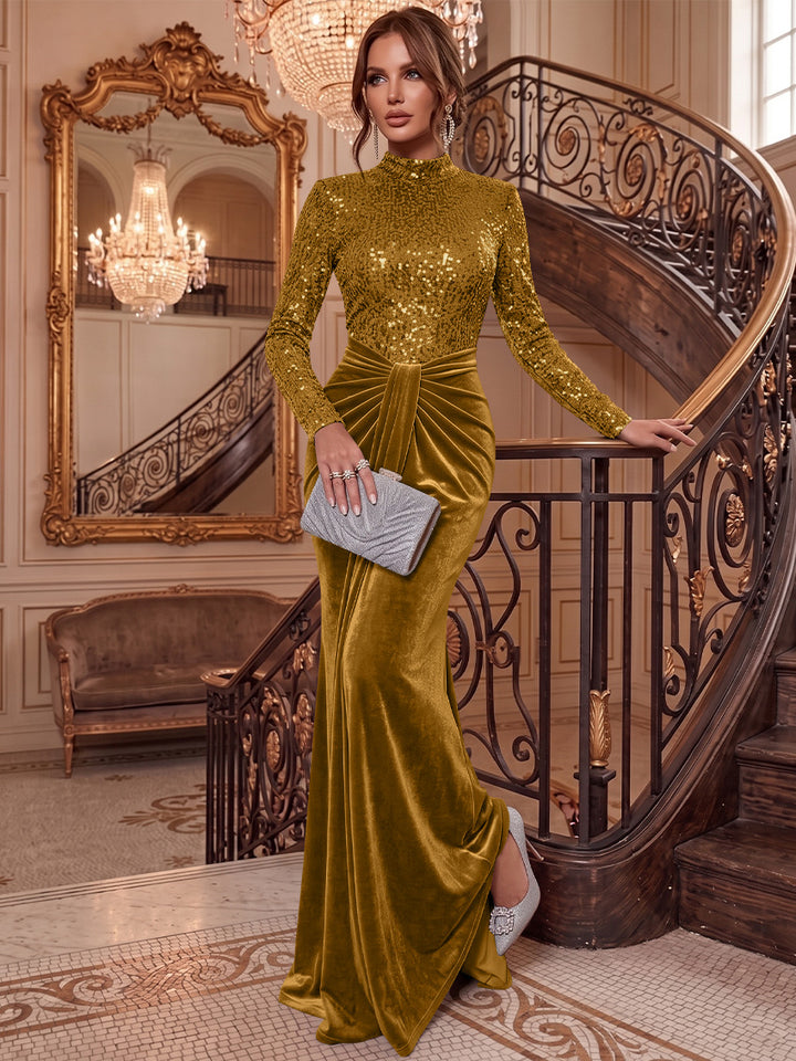 Sheath/Column Mock Neck Velvet Evening Dresses Floor-Length Long Sleeves Sequins Formal Dresses Ruched