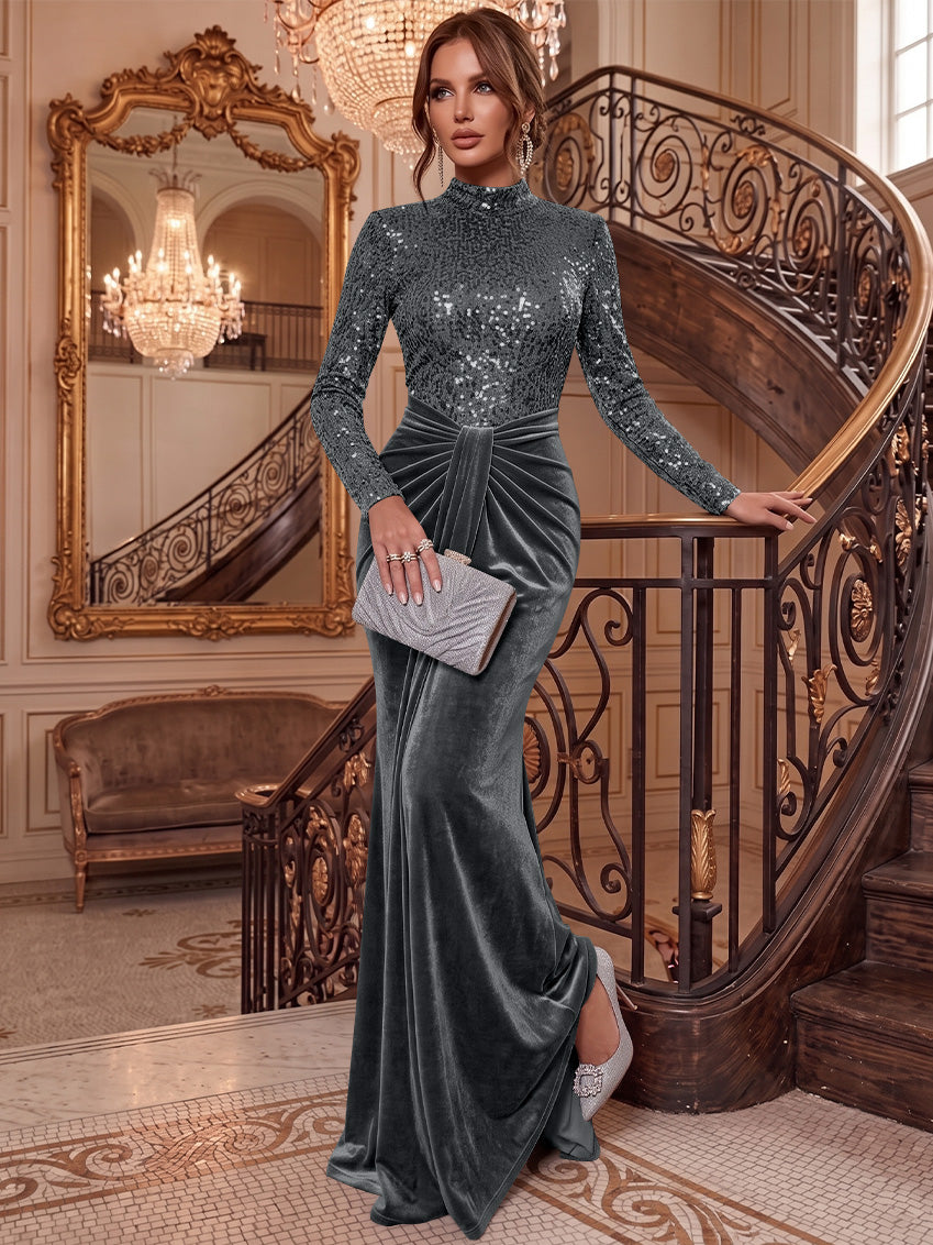 Sheath/Column Mock Neck Velvet Evening Dresses Floor-Length Long Sleeves Sequins Formal Dresses Ruched