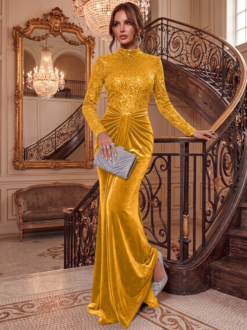 Sheath/Column Mock Neck Velvet Evening Dresses Floor-Length Long Sleeves Sequins Formal Dresses Ruched