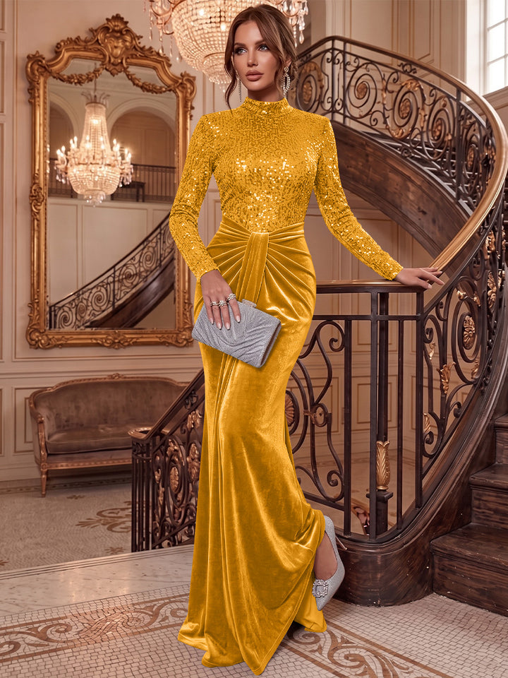 Sheath/Column Mock Neck Velvet Evening Dresses Floor-Length Long Sleeves Sequins Formal Dresses Ruched