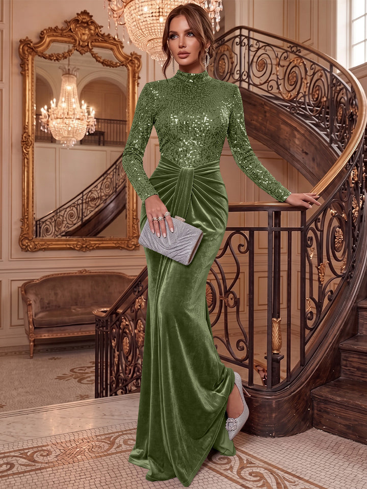 Sheath/Column Mock Neck Velvet Evening Dresses Floor-Length Long Sleeves Sequins Formal Dresses Ruched