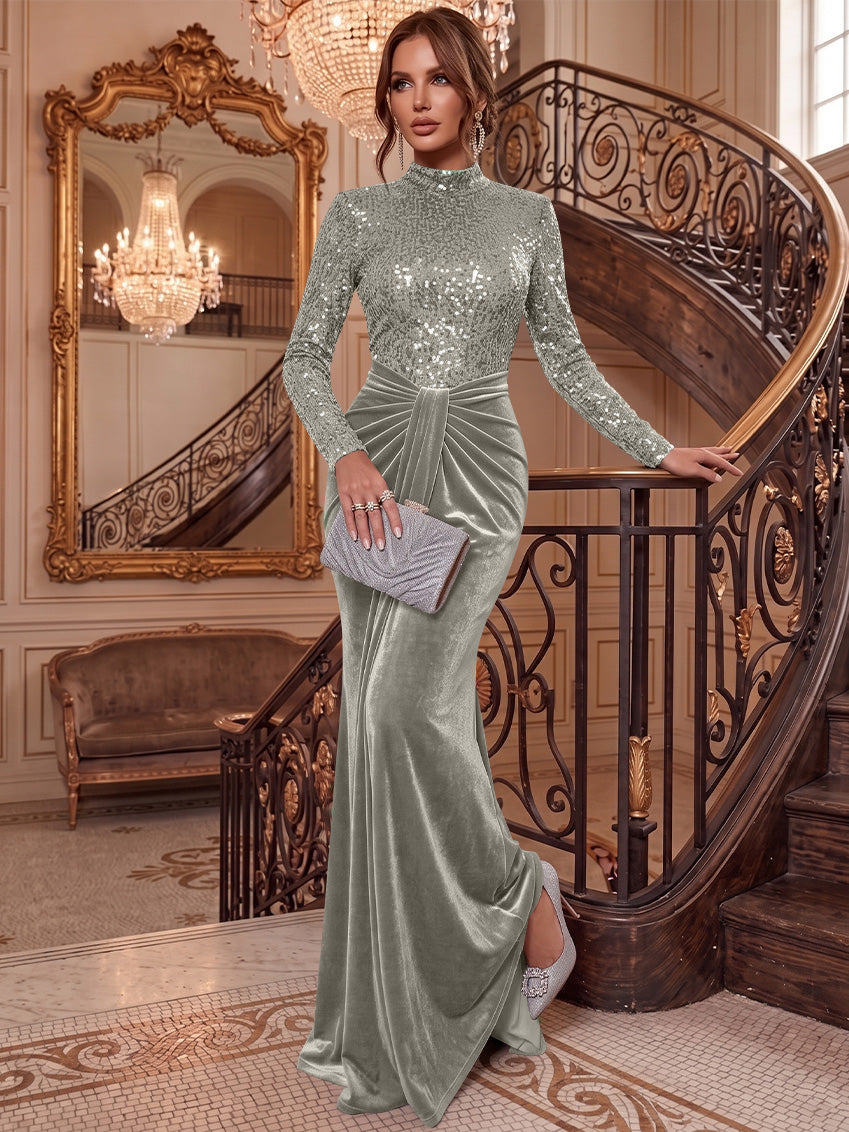 Sheath/Column Mock Neck Velvet Evening Dresses Floor-Length Long Sleeves Sequins Formal Dresses Ruched