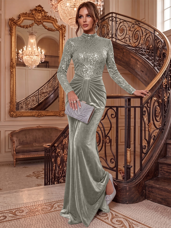 Sheath/Column Mock Neck Velvet Evening Dresses Floor-Length Long Sleeves Sequins Formal Dresses Ruched