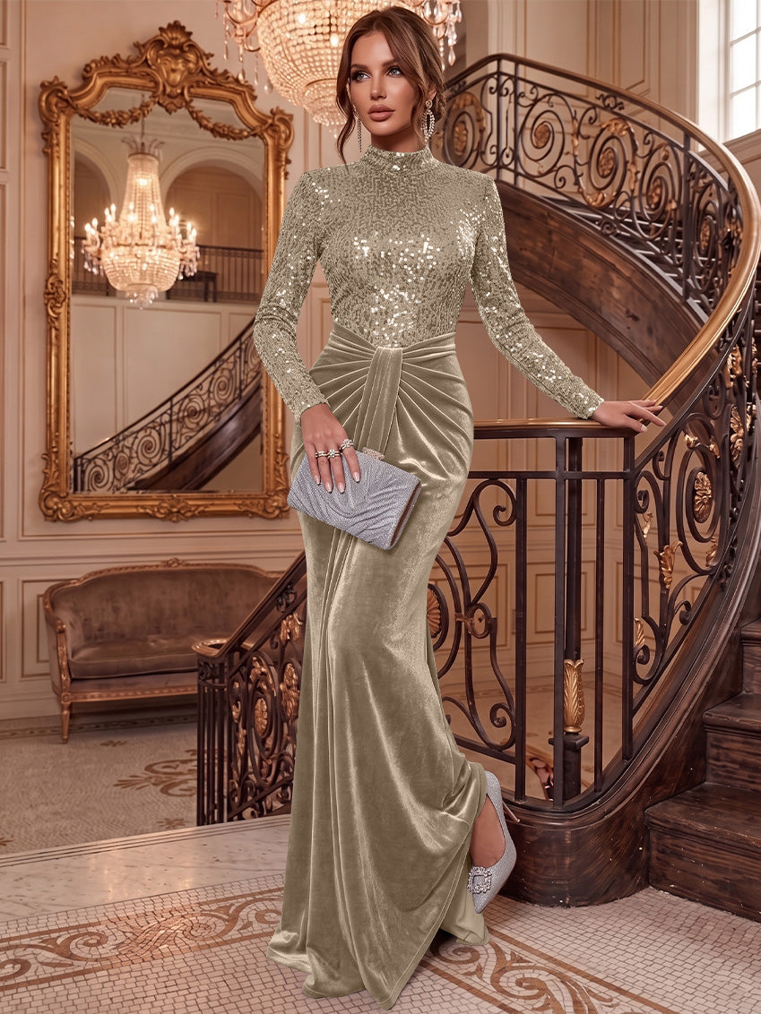 Sheath/Column Mock Neck Velvet Evening Dresses Floor-Length Long Sleeves Sequins Formal Dresses Ruched