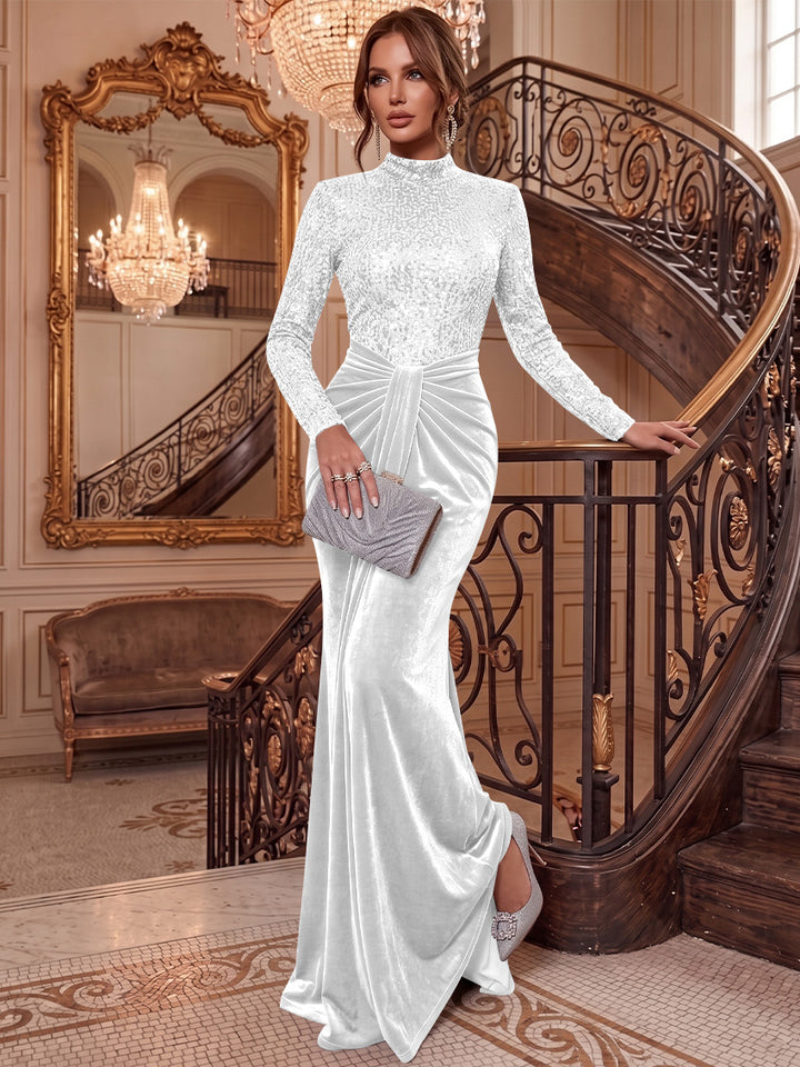Sheath/Column Mock Neck Velvet Evening Dresses Floor-Length Long Sleeves Sequins Formal Dresses Ruched