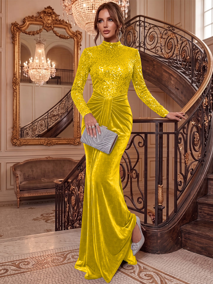 Sheath/Column Mock Neck Velvet Evening Dresses Floor-Length Long Sleeves Sequins Formal Dresses Ruched