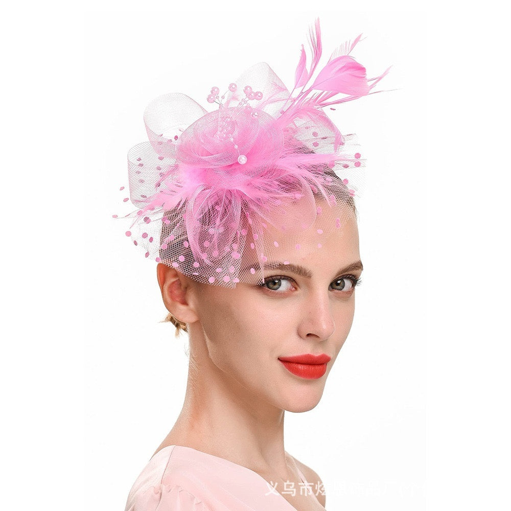Women Tea Party Headband Flower Cocktail Mesh Feathers Hair Clip Kentucky Derby  Wedding Fascinators Hat