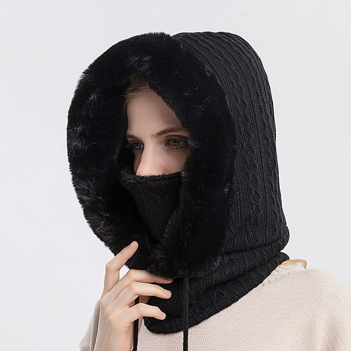 Women's High Quality Winter Hooded Knitted Cashmere Neck Warm Outdoor Ski Windproof Hat Thick Plush Fur Cap Mask Set