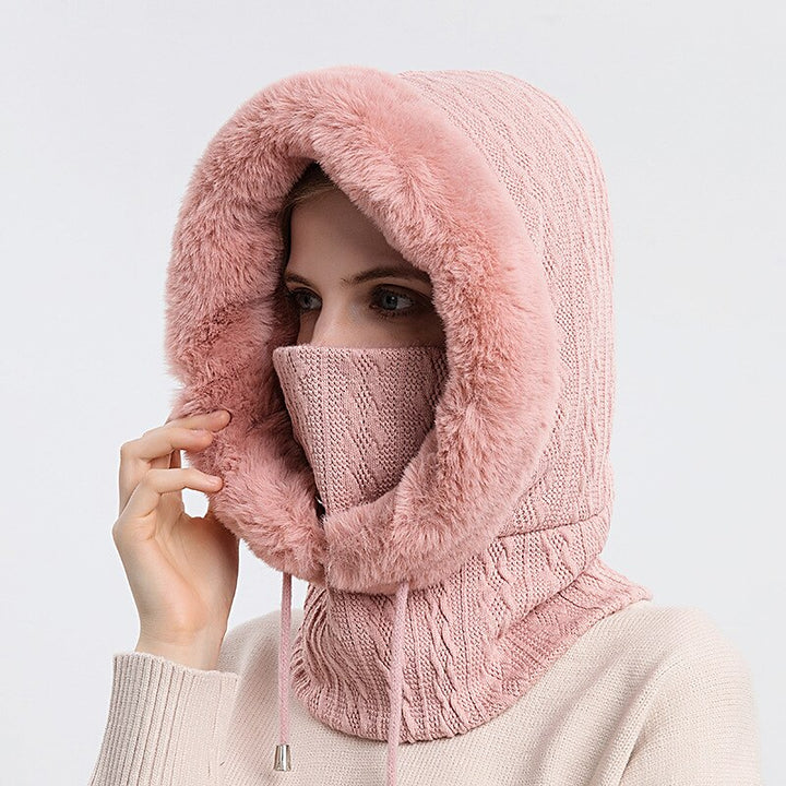 Women's High Quality Winter Hooded Knitted Cashmere Neck Warm Outdoor Ski Windproof Hat Thick Plush Fur Cap Mask Set