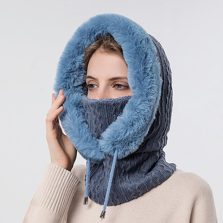 Women's High Quality Winter Hooded Knitted Cashmere Neck Warm Outdoor Ski Windproof Hat Thick Plush Fur Cap Mask Set