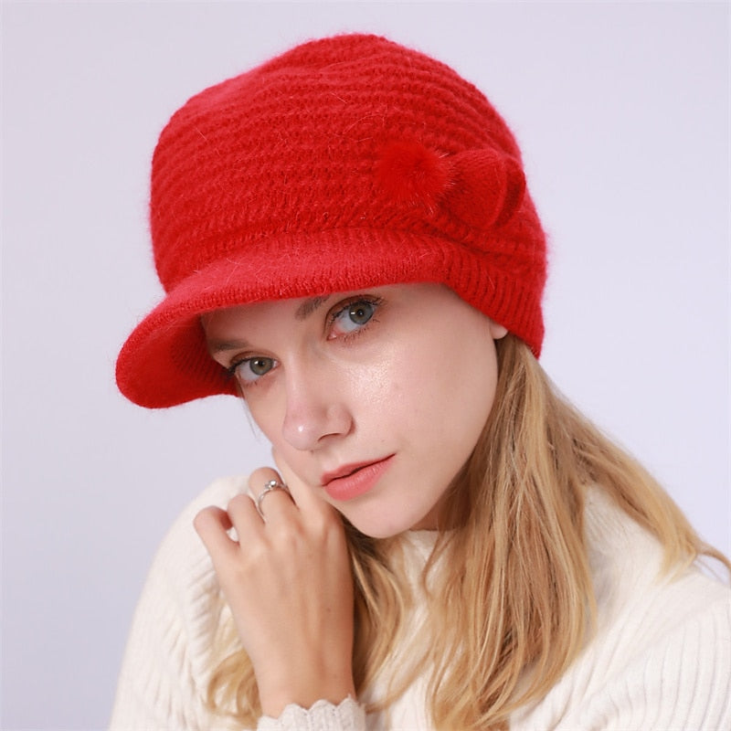 Women's Bow & Pom Poms Decor Thermal Winter Sun Visor Outdoor Knit Hat