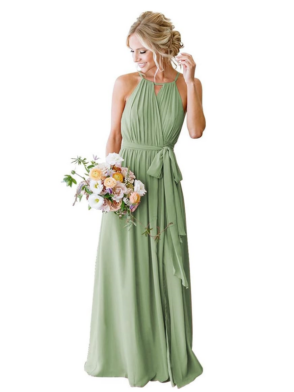 A-Line/Princess Halter Sleeveless Spaghetti Floor-Length Bridesmaid Dresses with Pockets