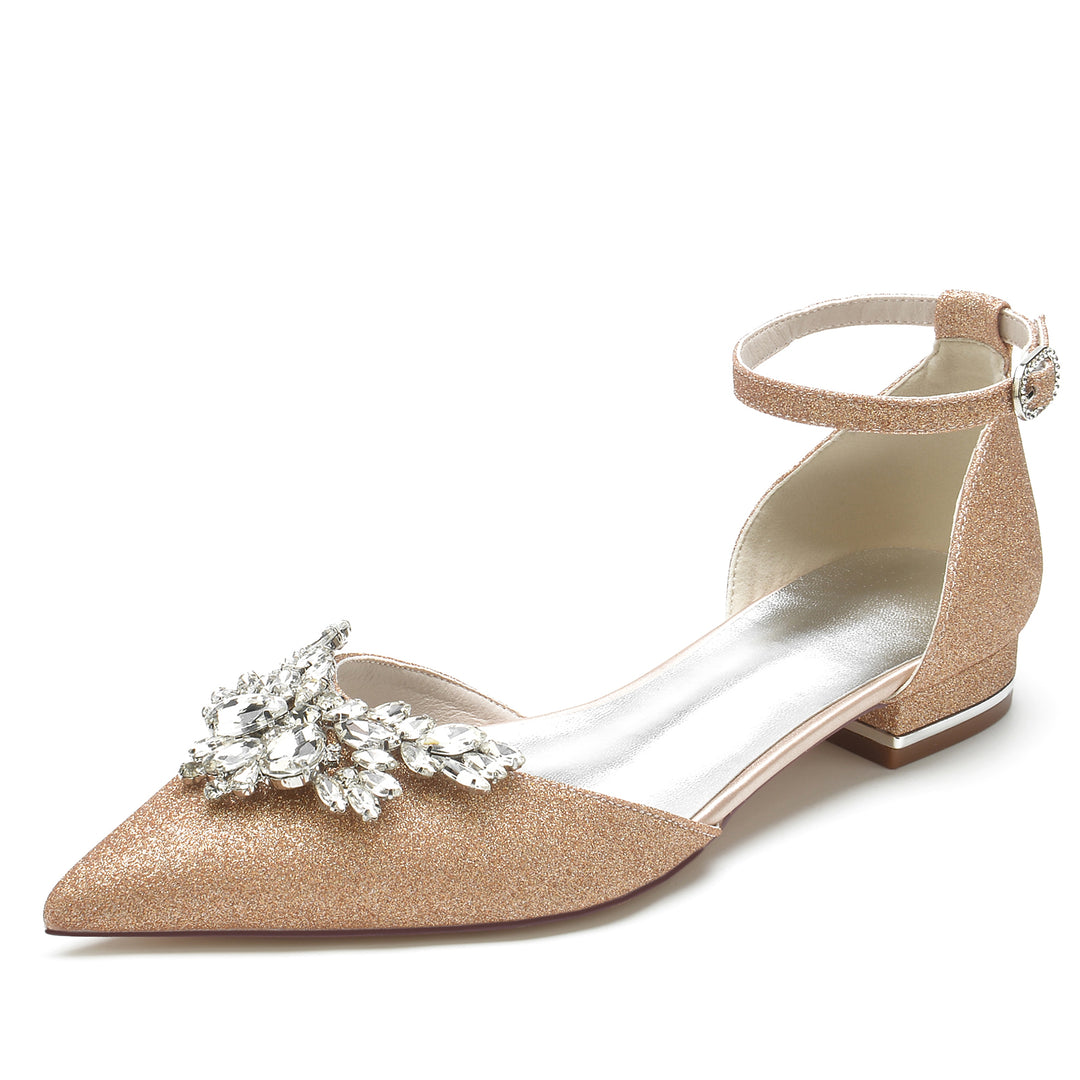 Women's Wedding Shoes Glitter Rhinestone Low Pointed Toe Ankle Strap Bridal Shoes