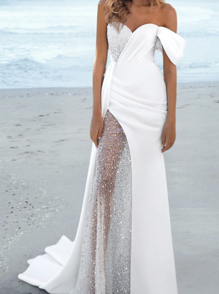 beach one shoulder wedding dress Charming One Shoulder Long Sleeves Mermaid Wedding Dress With Ruffles Long main image 1