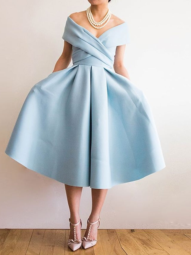Satin Prom Dresses 2026 Women's A-Line/Princess Off-the-Shoulder Tea-Length Formal Dress Ball Gowns, Sky Blue