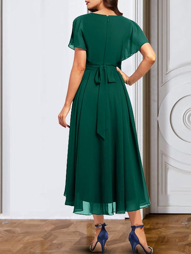 A-Line/Princess Chiffon V-Neck Short Sleeves  Mother of the Bride Dresses with Belt