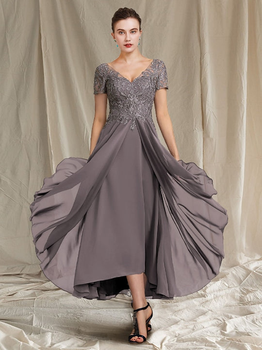 Dark Navy Mother Of The Bride Dresses A-Line Appliques 3/4 Sleeves V-Neck Tea-Length Chiffon Mother Of The Bride Dress